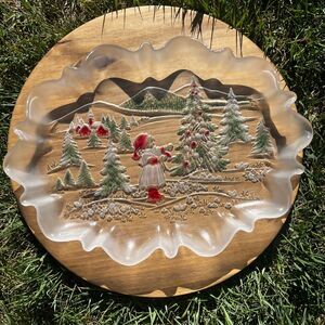 Mikasa Frosted Colored Glass Holiday Christmas Tree Tray w/Little Girl Red/Green